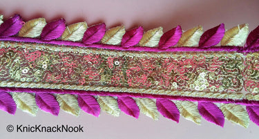 Purple And Gold Silk Thread Embroidery With Gold Sequins, One Yard Lace Silk Trim, Approx. 64mm Wide